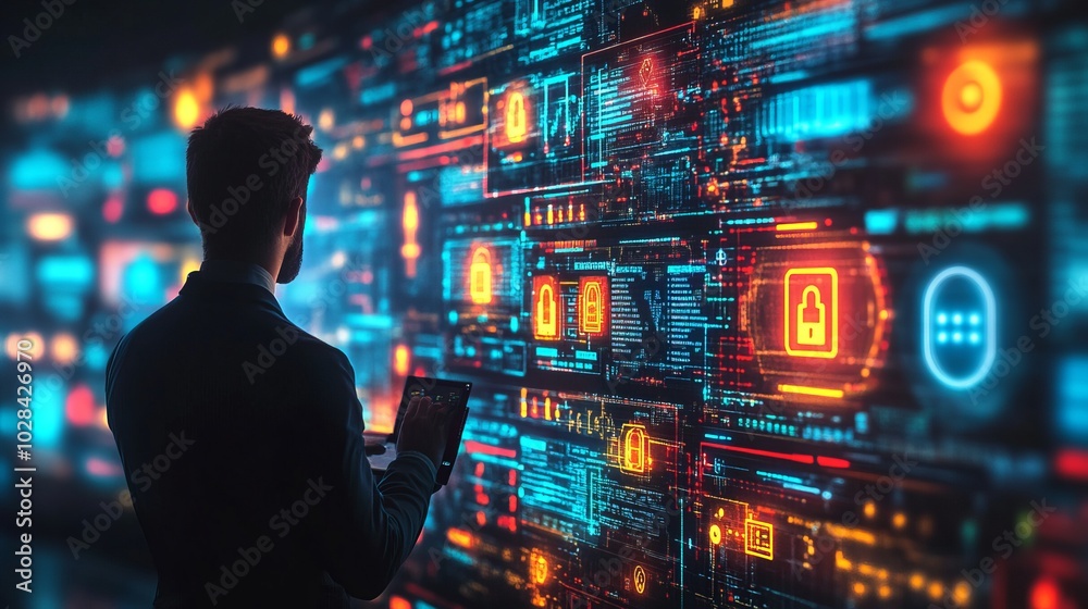 Cybersecurity expert working in a high-tech control room, analyzing data breaches, futuristic interface with digital locks, secure online environment, high-resolution, professional and clean design Cybersecurity expert working in a high-tech control room, analyzing data breaches, futuristic interface with digital locks, secure online environment, high-resolution, professional and clean design