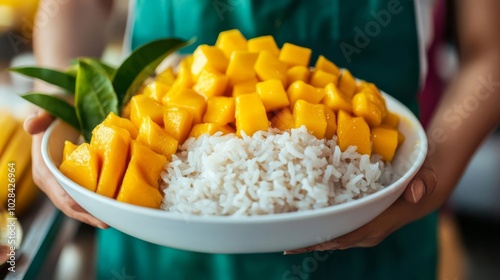 Wallpaper Mural Vendor preparing fresh mango sticky rice with coconut milk, vibrant colors, street food, sweet treat Torontodigital.ca
