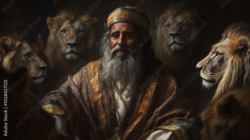 Portrait of Daniel in the lions den, calm and faithful expression, wearing traditional Hebrew attire, lions surrounding him peacefully, divine light illuminating his face Portrait of Daniel in the lions den, calm and faithful expression, wearing traditional Hebrew attire, lions surrounding him peacefully, divine light illuminating his face