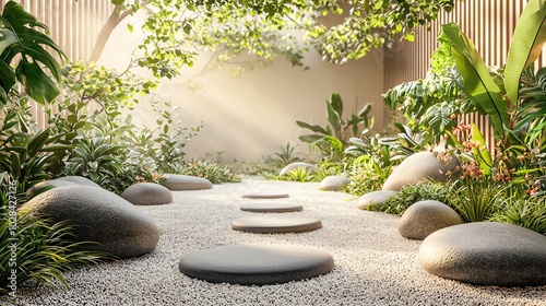 Zen garden with healing stones and plants, calming natural space, 3D illustration photo