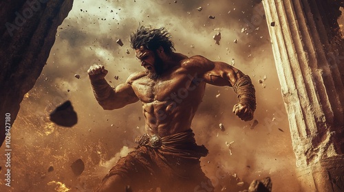 Samson pulling down the pillars of the Philistine temple, powerful and determined expression, stone and debris falling around him, dramatic lighting, high-resolution, intense action scene photo