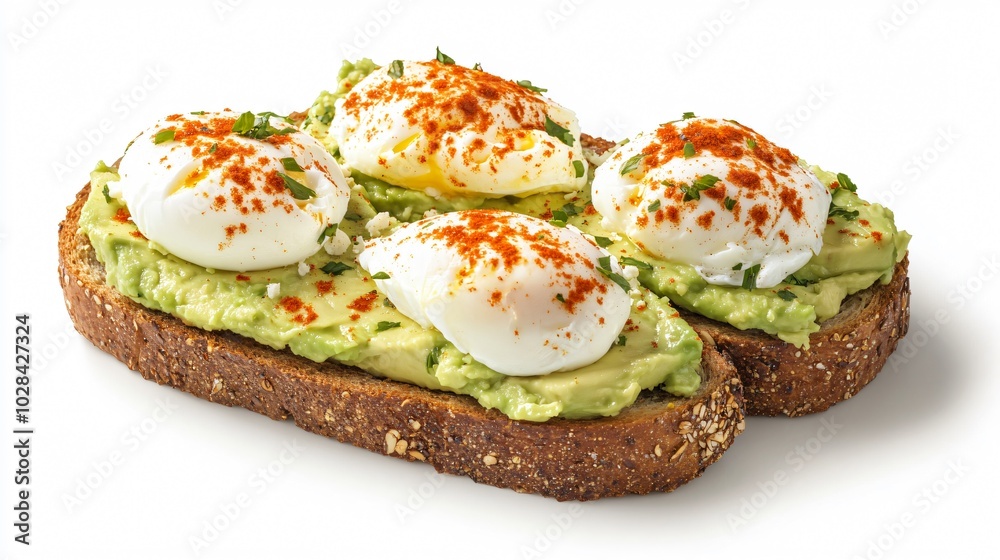 Three slices of toasted bread topped with mashed avocado, a poached egg, and sprinkled with paprika and herbs.