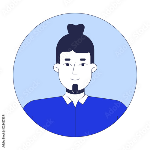 Caucasian bearded man bun 2D linear vector avatar illustration. Manbun european guy smiling cartoon character face portrait. Head and shoulders. Round frame flat user profile color image isolated