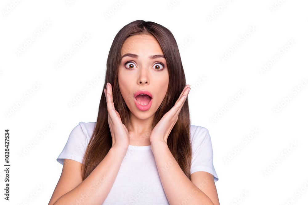 Close-up portrait of her she nice-looking attractive afraid worried feminine straight-haired lady opened mouth scary news isolated over bright vivid shine blue green teal turquoise background Close-up portrait of her she nice-looking attractive afraid worried feminine straight-haired lady opened mouth scary news isolated over bright vivid shine blue green teal turquoise background