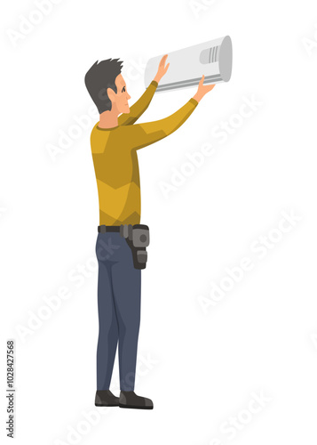 Air conditioner service technician working, flat vector illustration isolated on white background. Cooling system repair, cleaning, maintenance and installation.