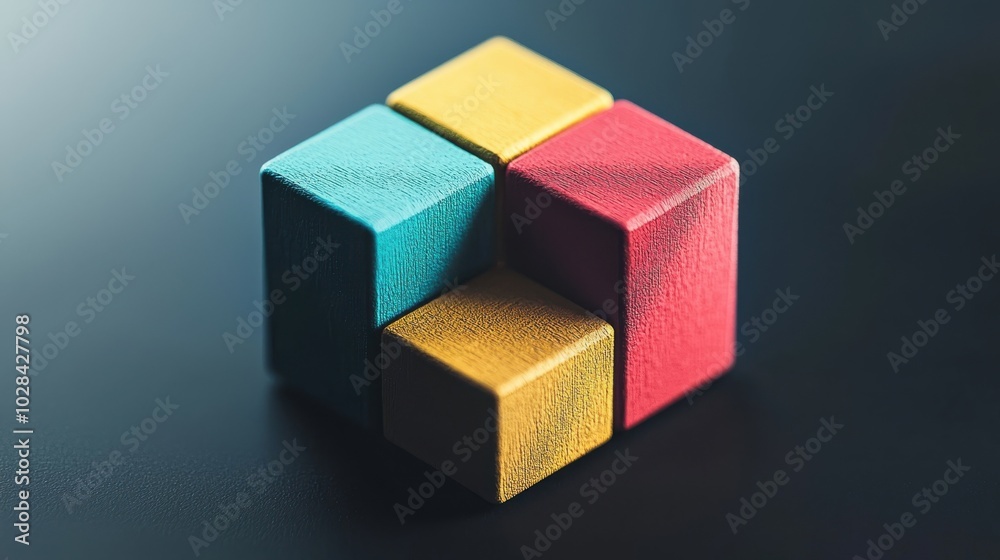 Obraz premium Geometric shapes of varying colors combining to create a powerful structure, symbolizing individual strengths contributing to team synergy
