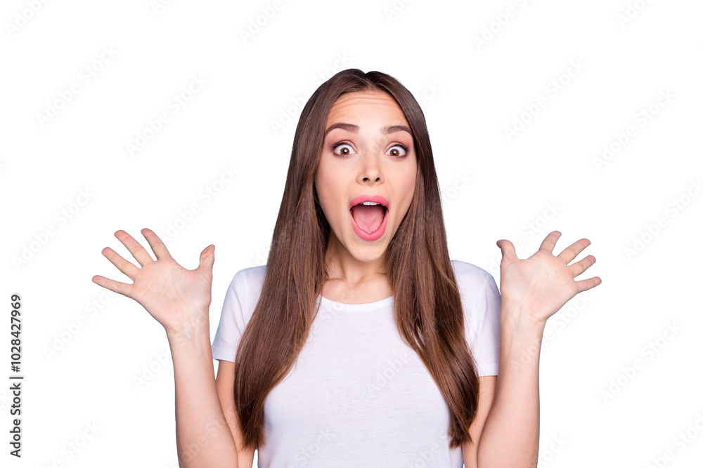 Close-up portrait of her she nice-looking attractive feminine cheerful cheery straight-haired lady opened mouth cool great good news isolated on bright vivid shine blue green teal turquoise background