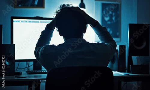 Man Sitting at Computer Desk with a Frustrated Expression