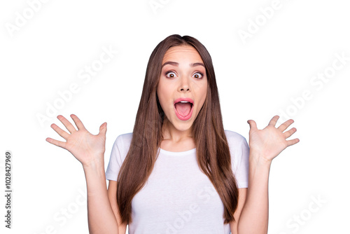 Close-up portrait of her she nice-looking attractive feminine cheerful cheery straight-haired lady opened mouth cool great good news isolated on bright vivid shine blue green teal turquoise background