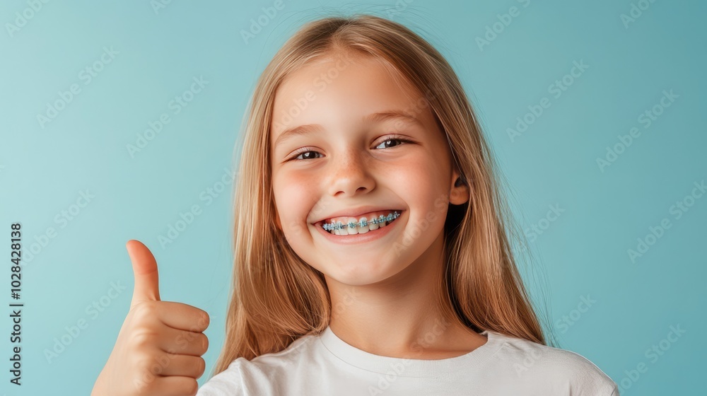 Happy Girl with Braces Giving Thumbs Up Smile Happy Girl with Braces Giving Thumbs Up Smile