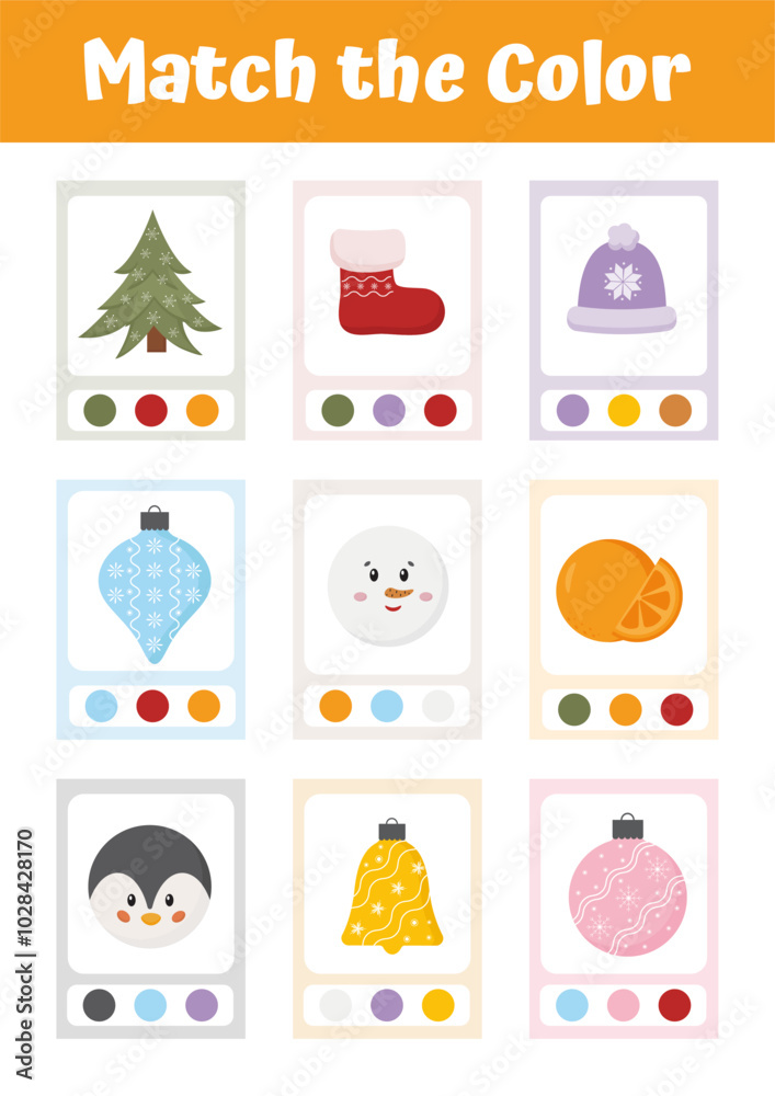 Match the objects with the same color. Christmas and winter objects. Color sorting game. Printable worksheets activities preschool education. Logical game early development. Match the objects with the same color. Christmas and winter objects. Color sorting game. Printable worksheets activities preschool education. Logical game early development.