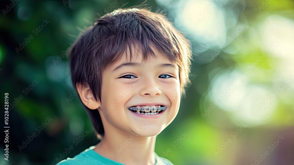 Happy Child with Braces and Bright Smile Outdoors Happy Child with Braces and Bright Smile Outdoors