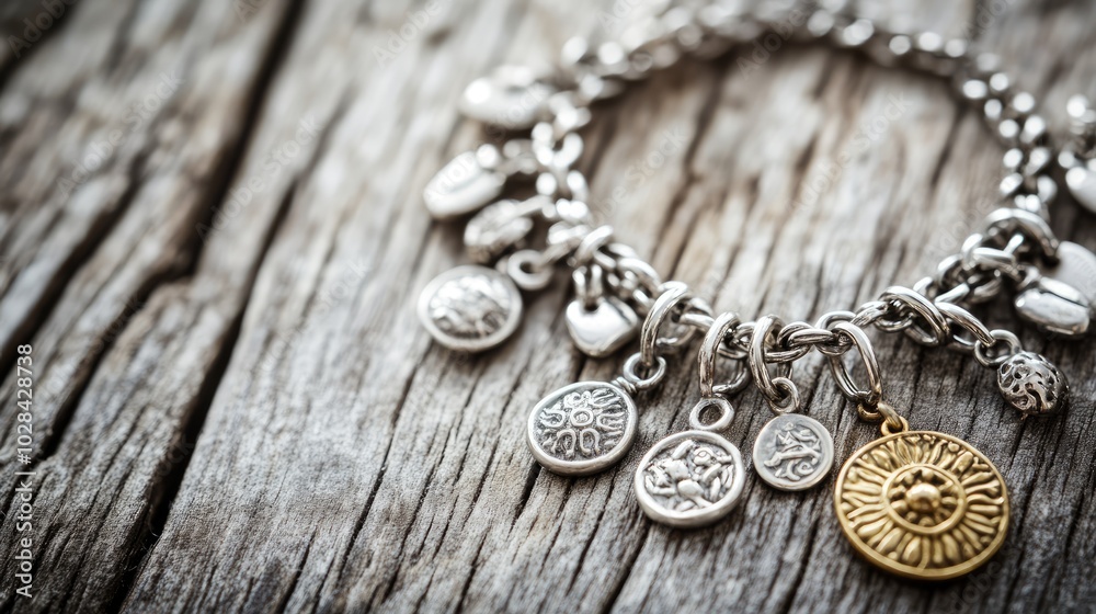 Elegant Charm Bracelet on Rustic Wood Surface Elegant Charm Bracelet on Rustic Wood Surface