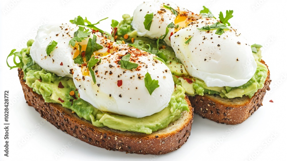 Two slices of toasted bread topped with mashed avocado, poached egg, and seasonings.