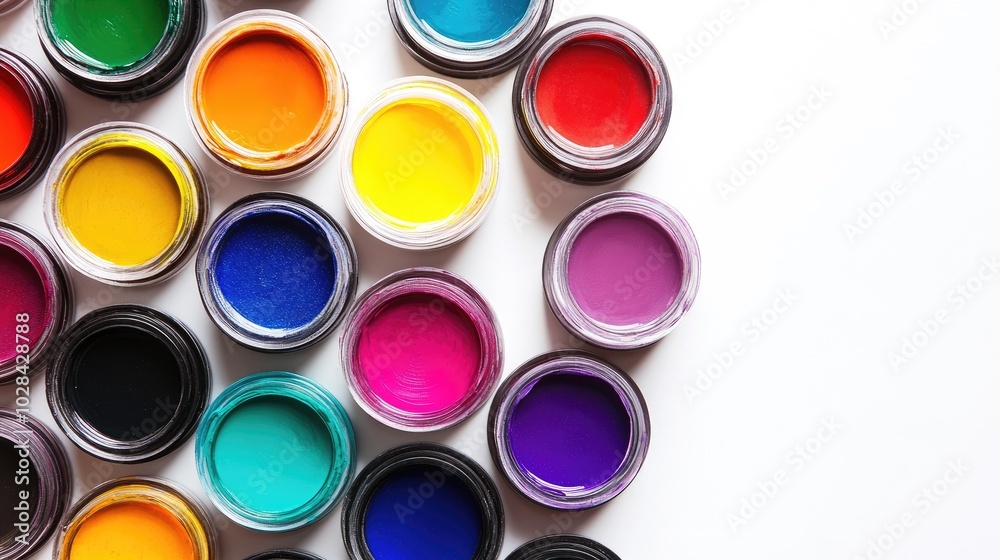 Vibrant Paint Jars in Various Colors on White Surface Vibrant Paint Jars in Various Colors on White Surface
