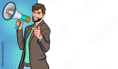 Business man with loudspeaker megaphone announcing discount or sale Special offer shopping time