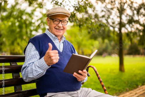 Portrait of happy senior man in park. He is sitting on bench and reading a book.