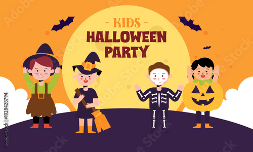 Halloween Kids Party Welcome Banner. Cute Boys and Girls Wear Halloween Horror and Monster Costume Illustration