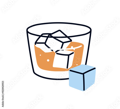 Cold whiskey glass, alcohol drink shot. Chilled alcoholic beverage with ice c...