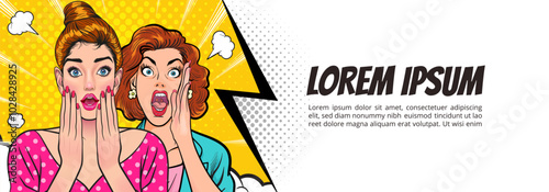 Woman whispering gossip secret to her friend surprise In Retro Vintage Pop Art Comic Style