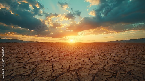 50 El Nino s grip on the landscape, endless cracked soil stretching into the horizon, distant storm clouds forming, wideangle shot, warm golden light