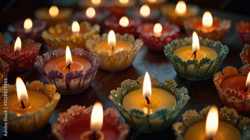 A close-up shot of a group of burning candles, each in a small, decorative, colorful, ceramic holder, on a wooden surface. A close-up shot of a group of burning candles, each in a small, decorative, colorful, ceramic holder, on a wooden surface.