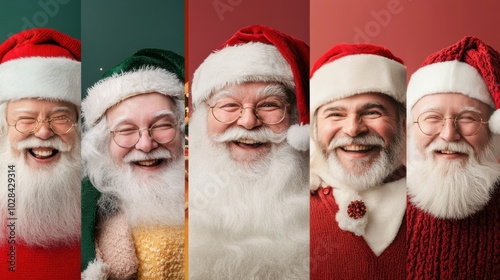 Five jolly Santas in festive attire, each with a unique style and joyful expression, AI