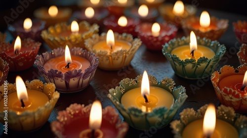 A close-up shot of a group of burning candles, each in a small, decorative, colorful, ceramic holder, on a wooden surface.