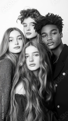 Four young adults pose closely, showcasing diverse hairstyles and expressions, AI