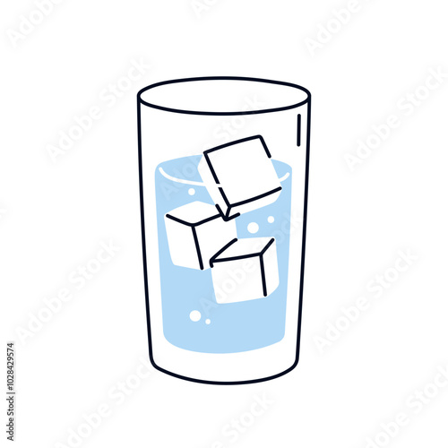 Cold water glass with ice cubes. Clear pure fresh aqua, refreshing healthy drink. Chilled cool icy beverage, summer refreshment for hydration. Flat vector illustration isolated on white background