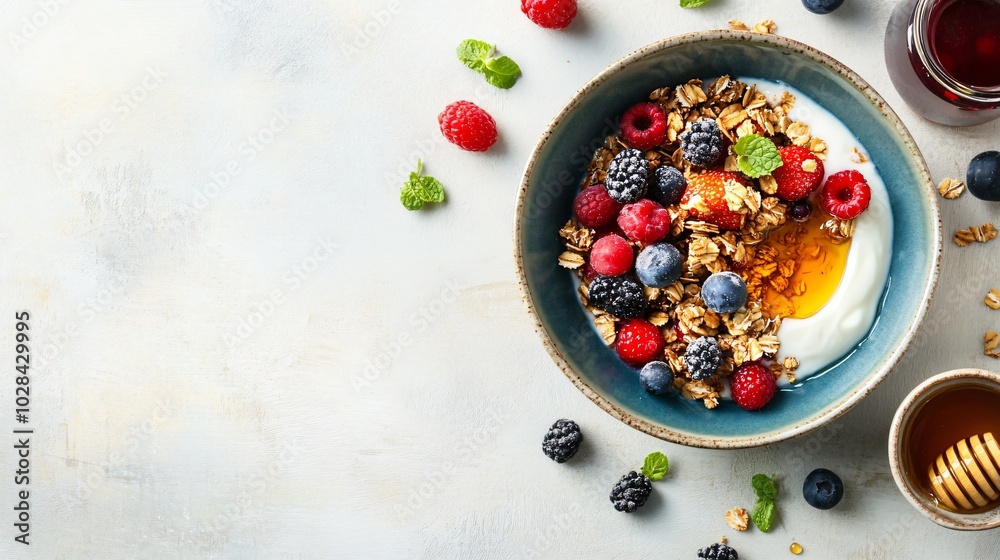 Yogurt parfait with granola, berries, and honey. Yogurt parfait with granola, berries, and honey.
