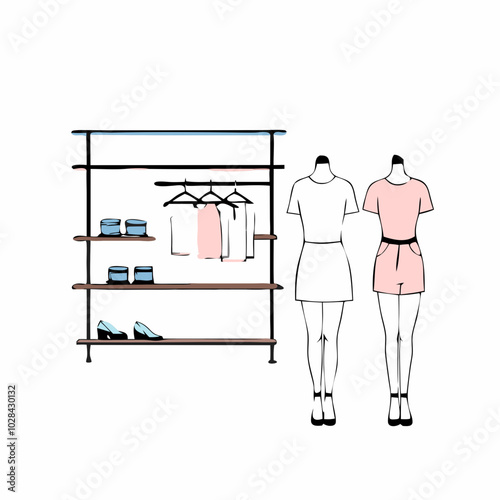 Stylish clothing rack with outfits and accessories illustrated on white background