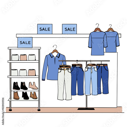 Retail clothing store display with sale items and modern apparel