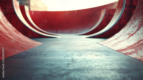 Skateboard stadium with ramps and rails, skateboarder midtrick, 3D illustration photo