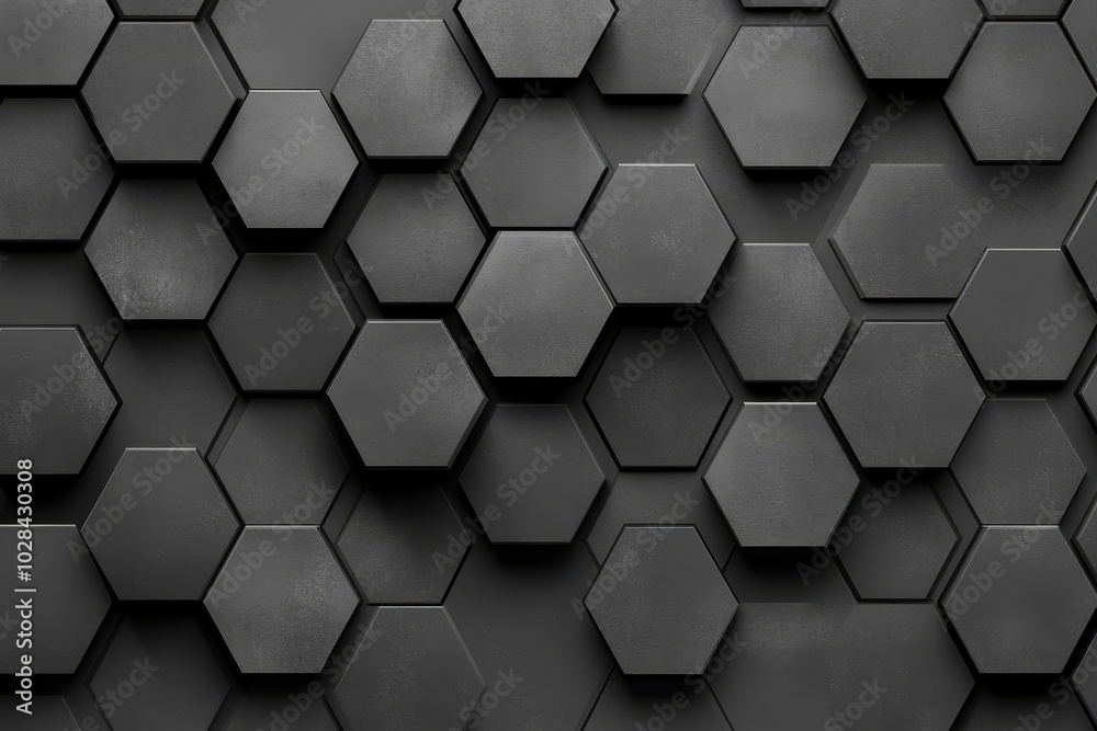 Hexagon geometry background, dark grey background. Generative AI.