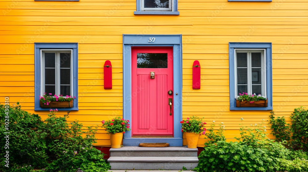 A bright and cheerful facade with bold colors A bright and cheerful facade with bold colors