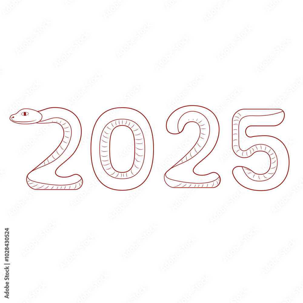 Chinese 2025 Red Contour New Year Numeric. Zodiac Asia Silhouette Snake Chinese 2025 Red Contour New Year Numeric. Zodiac Asia Silhouette Snake