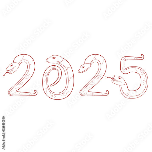 Chinese 2025 Red Contour New Year Numeric. Zodiac Asia Silhouette Snake