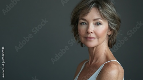 Beautiful older woman in white t-shirt female breast dark background Breast cancer support, prevention, mammography, screening, oncology, cancer treatment