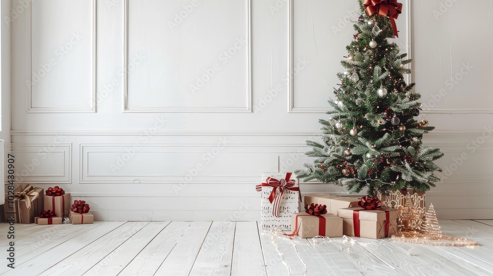 Minimalistic Christmas tree with gifts in a white room, creating a serene interior for festive celebrations. Minimalistic Christmas tree with gifts in a white room, creating a serene interior for festive celebrations.