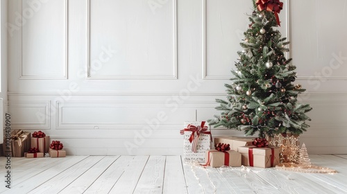 Minimalistic Christmas tree with gifts in a white room, creating a serene interior for festive celebrations.