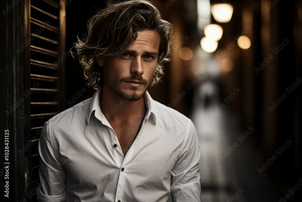 Obraz premium A man with long hair and a beard is standing in front of a building
