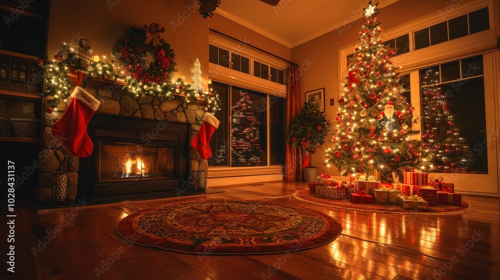 Cozy living room at night featuring a decorated Christmas tree with lights, stockings by the fireplace, creating a festive atmosphere. Cozy living room at night featuring a decorated Christmas tree with lights, stockings by the fireplace, creating a festive atmosphere.
