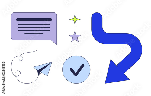 Office digital 2D cartoon objects set. Speech bubble. Paper plane flying. Arrow curved. Checkmark stars isolated elements flat vector cliparts on white background. Spot illustrations collection