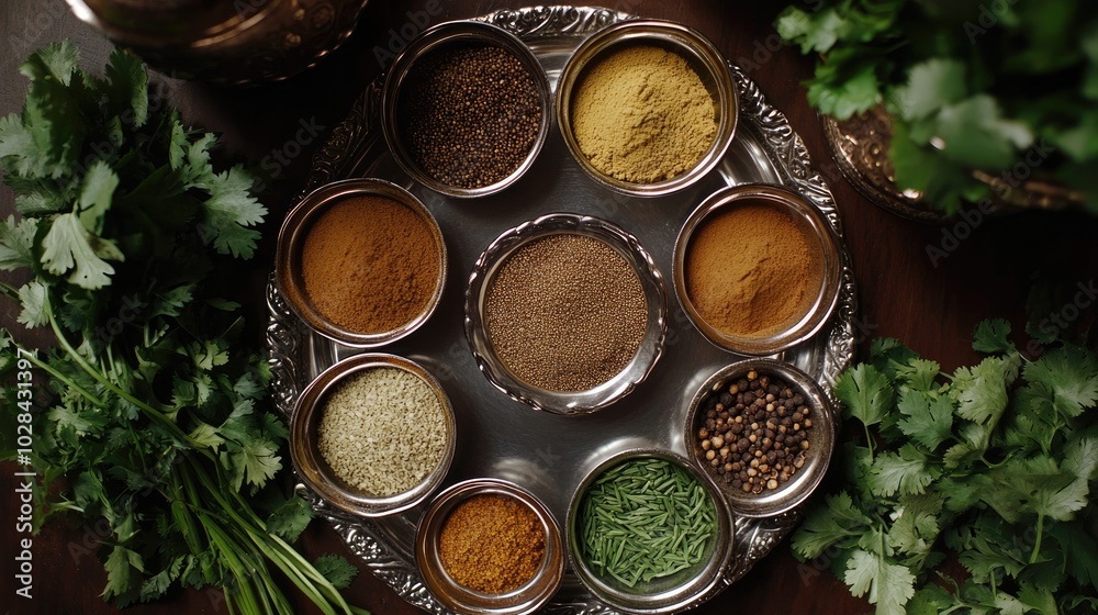 Assorted Spices and Fresh Herbs on a Silver Platter Assorted Spices and Fresh Herbs on a Silver Platter