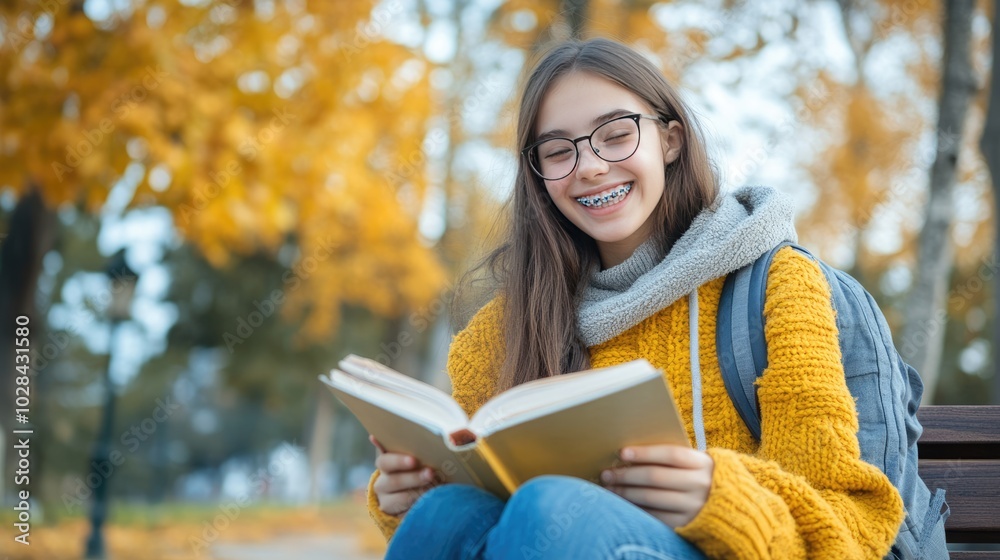 Fototapeta premium Happy Girl Reading Book in Autumn Park Scene