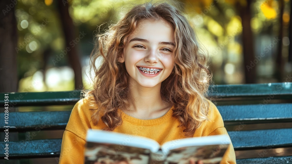 Happy Girl Reading Outdoors in Bright Sunshine Happy Girl Reading Outdoors in Bright Sunshine