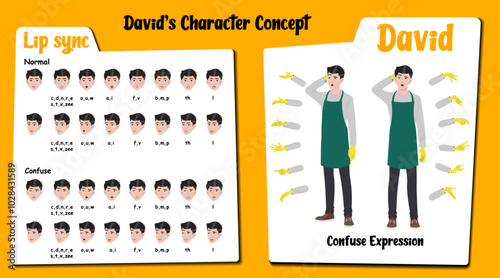 A confused housekeeper cartoon character AKA David. Confused face expressions and lip sync. Set of caretaker with various hand gesture and front and 1/3 standing poses.