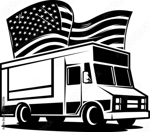 Retro food truck with american flag. Design element for poster, card, banner, sign. Vector illustration