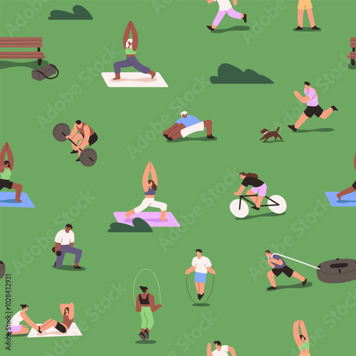 Repeatable pattern of training outdoors people. Endless background with men and women do sport workout in park. Athletes practice yoga, stretching, fitness exercises. Flat seamless vector illustration